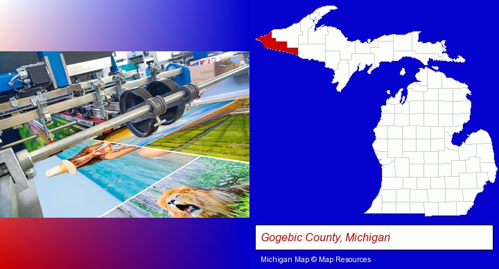a press run on an offset printer; Gogebic County, Michigan highlighted in red on a map