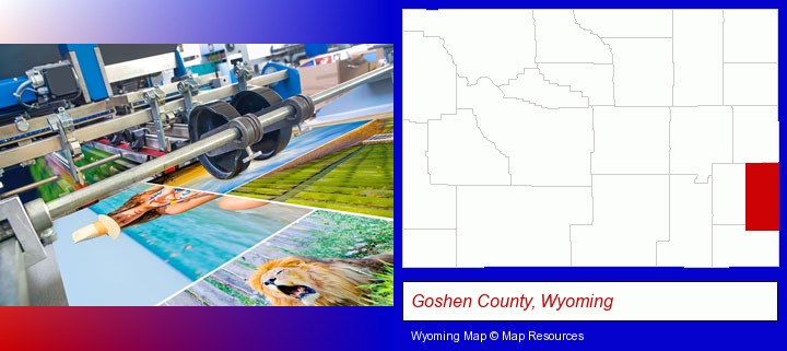 a press run on an offset printer; Goshen County, Wyoming highlighted in red on a map