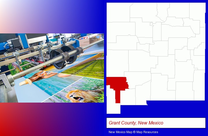 a press run on an offset printer; Grant County, New Mexico highlighted in red on a map