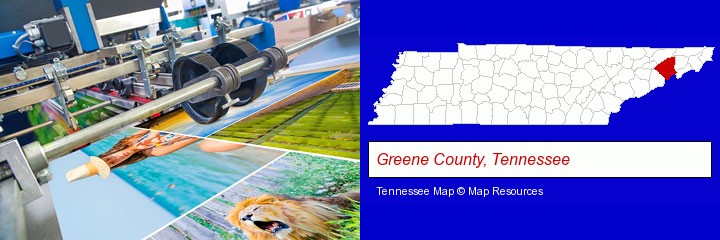 a press run on an offset printer; Greene County, Tennessee highlighted in red on a map