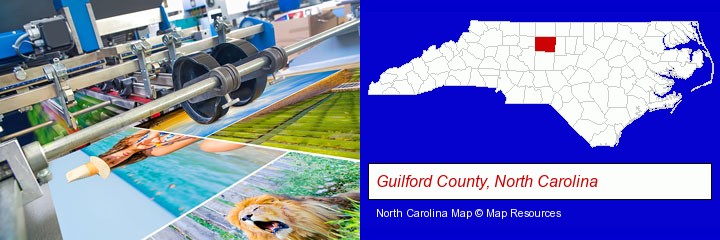 a press run on an offset printer; Guilford County, North Carolina highlighted in red on a map