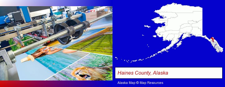 a press run on an offset printer; Haines County, Alaska highlighted in red on a map