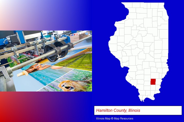 a press run on an offset printer; Hamilton County, Illinois highlighted in red on a map