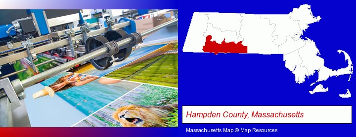 a press run on an offset printer; Hampden County, Massachusetts highlighted in red on a map