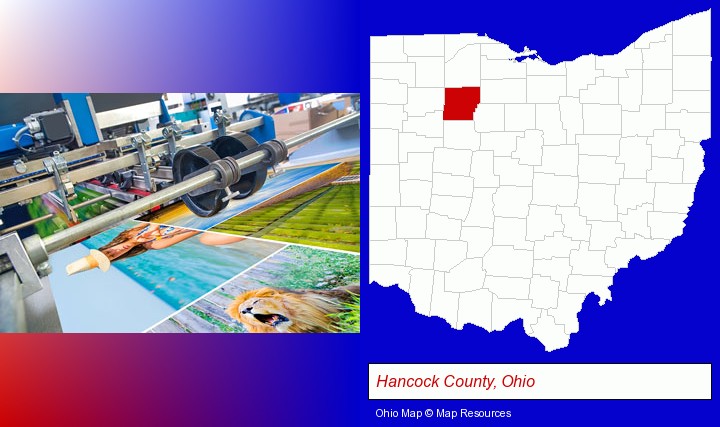 a press run on an offset printer; Hancock County, Ohio highlighted in red on a map