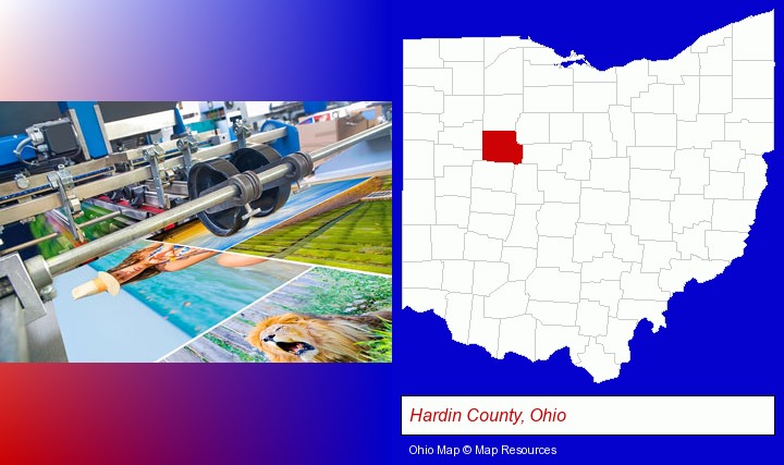 a press run on an offset printer; Hardin County, Ohio highlighted in red on a map
