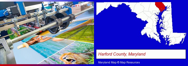 a press run on an offset printer; Harford County, Maryland highlighted in red on a map