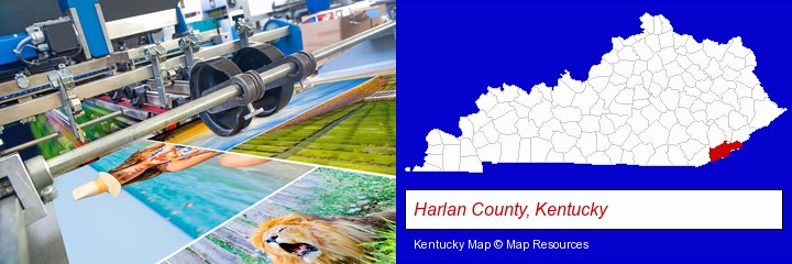 a press run on an offset printer; Harlan County, Kentucky highlighted in red on a map