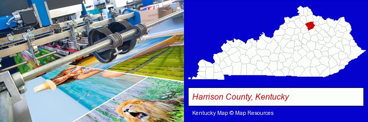 a press run on an offset printer; Harrison County, Kentucky highlighted in red on a map