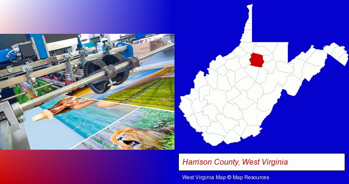a press run on an offset printer; Harrison County, West Virginia highlighted in red on a map