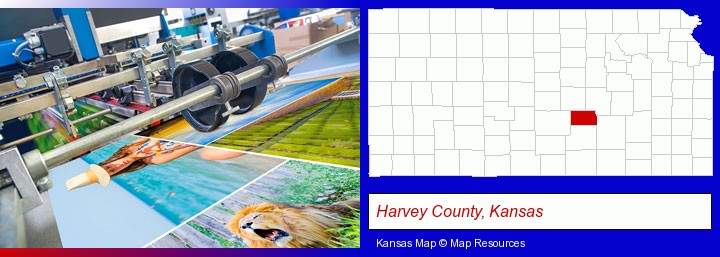 a press run on an offset printer; Harvey County, Kansas highlighted in red on a map