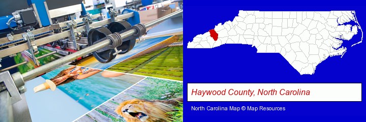 a press run on an offset printer; Haywood County, North Carolina highlighted in red on a map