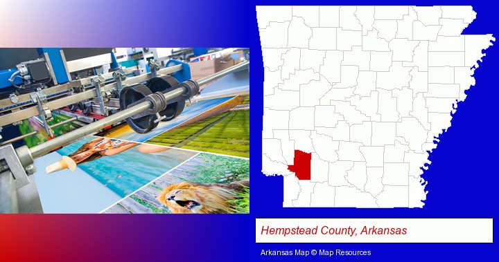a press run on an offset printer; Hempstead County, Arkansas highlighted in red on a map