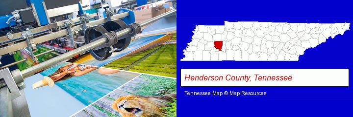 a press run on an offset printer; Henderson County, Tennessee highlighted in red on a map