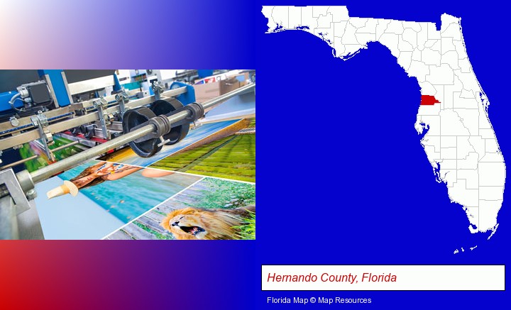 a press run on an offset printer; Hernando County, Florida highlighted in red on a map