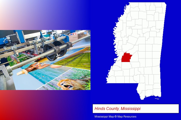a press run on an offset printer; Hinds County, Mississippi highlighted in red on a map