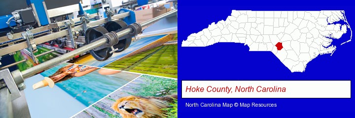 a press run on an offset printer; Hoke County, North Carolina highlighted in red on a map