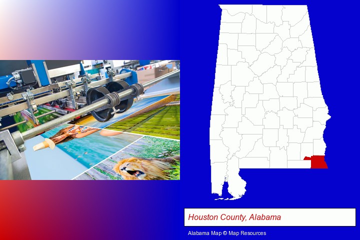 a press run on an offset printer; Houston County, Alabama highlighted in red on a map