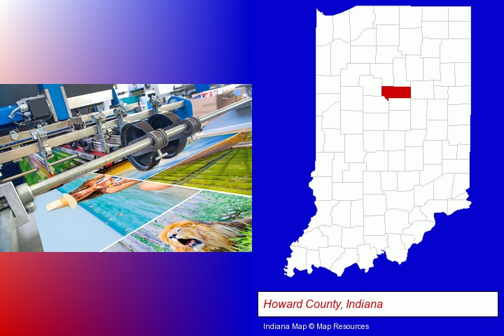 a press run on an offset printer; Howard County, Indiana highlighted in red on a map