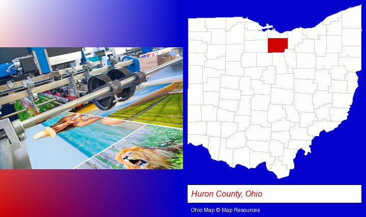 a press run on an offset printer; Huron County, Ohio highlighted in red on a map