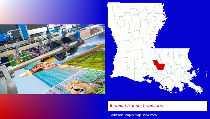a press run on an offset printer; Iberville Parish, Louisiana highlighted in red on a map