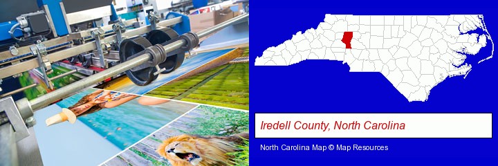 a press run on an offset printer; Iredell County, North Carolina highlighted in red on a map