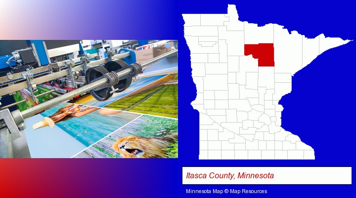 a press run on an offset printer; Itasca County, Minnesota highlighted in red on a map