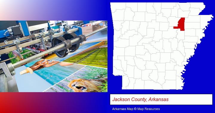 a press run on an offset printer; Jackson County, Arkansas highlighted in red on a map