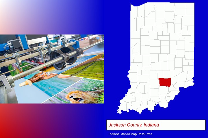a press run on an offset printer; Jackson County, Indiana highlighted in red on a map