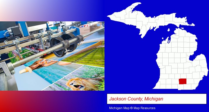 a press run on an offset printer; Jackson County, Michigan highlighted in red on a map