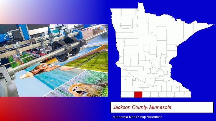 a press run on an offset printer; Jackson County, Minnesota highlighted in red on a map