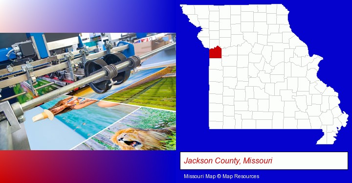 a press run on an offset printer; Jackson County, Missouri highlighted in red on a map
