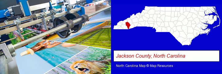 a press run on an offset printer; Jackson County, North Carolina highlighted in red on a map