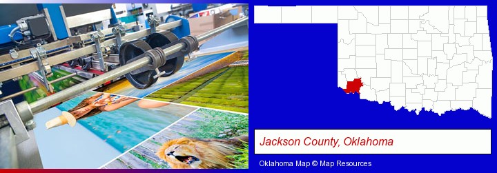a press run on an offset printer; Jackson County, Oklahoma highlighted in red on a map