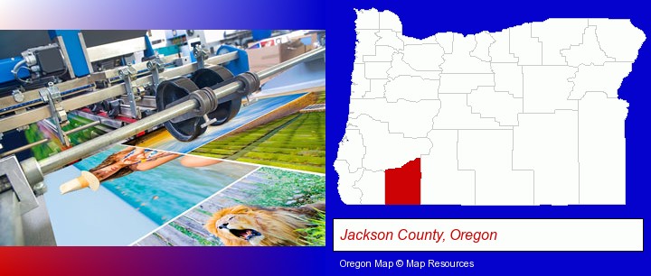 a press run on an offset printer; Jackson County, Oregon highlighted in red on a map
