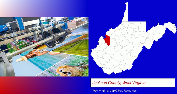 a press run on an offset printer; Jackson County, West Virginia highlighted in red on a map