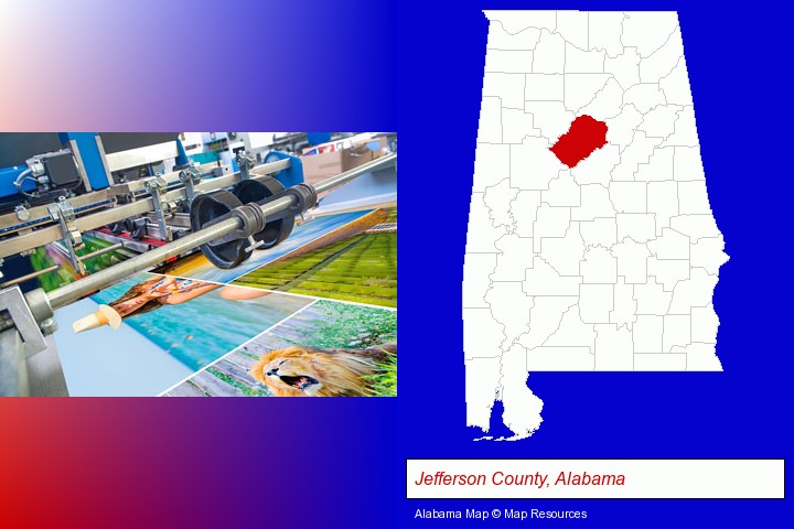 a press run on an offset printer; Jefferson County, Alabama highlighted in red on a map