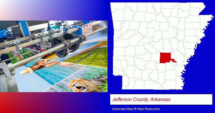 a press run on an offset printer; Jefferson County, Arkansas highlighted in red on a map