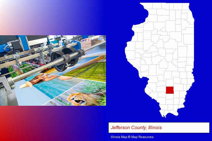 a press run on an offset printer; Jefferson County, Illinois highlighted in red on a map