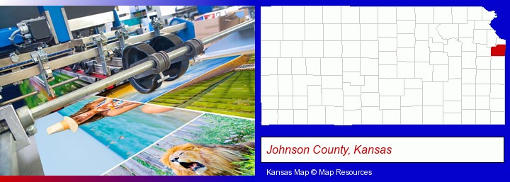 a press run on an offset printer; Johnson County, Kansas highlighted in red on a map