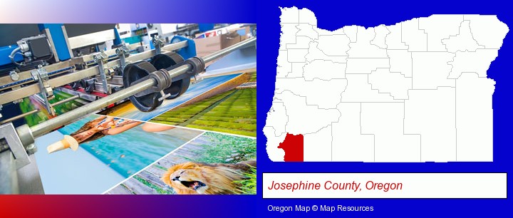 a press run on an offset printer; Josephine County, Oregon highlighted in red on a map