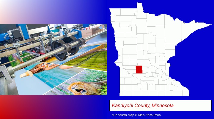 a press run on an offset printer; Kandiyohi County, Minnesota highlighted in red on a map