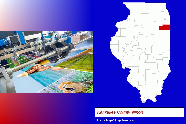 a press run on an offset printer; Kankakee County, Illinois highlighted in red on a map