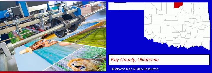 a press run on an offset printer; Kay County, Oklahoma highlighted in red on a map