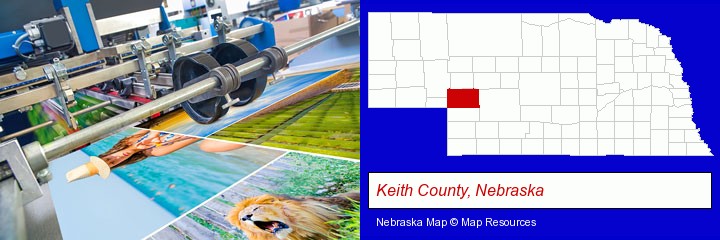 a press run on an offset printer; Keith County, Nebraska highlighted in red on a map