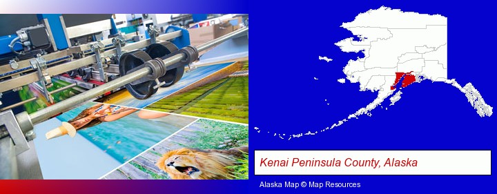 a press run on an offset printer; Kenai Peninsula County, Alaska highlighted in red on a map