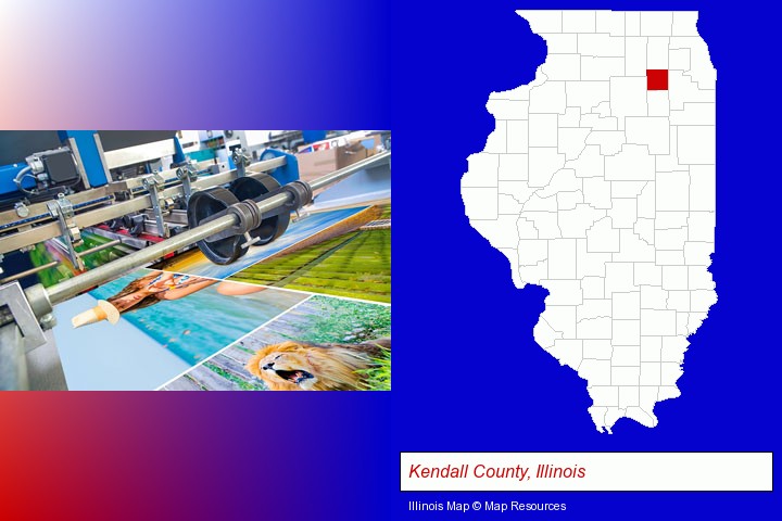 a press run on an offset printer; Kendall County, Illinois highlighted in red on a map