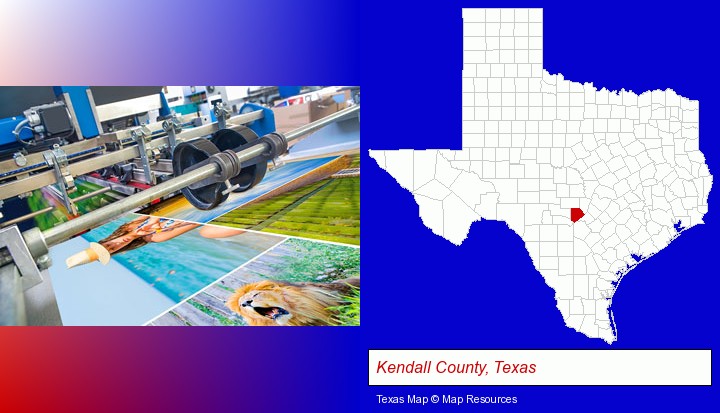 a press run on an offset printer; Kendall County, Texas highlighted in red on a map
