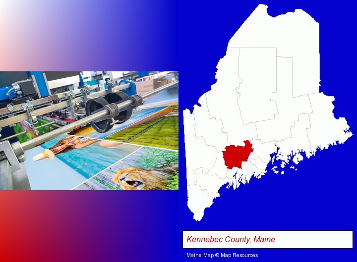 a press run on an offset printer; Kennebec County, Maine highlighted in red on a map