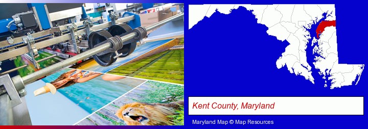 a press run on an offset printer; Kent County, Maryland highlighted in red on a map